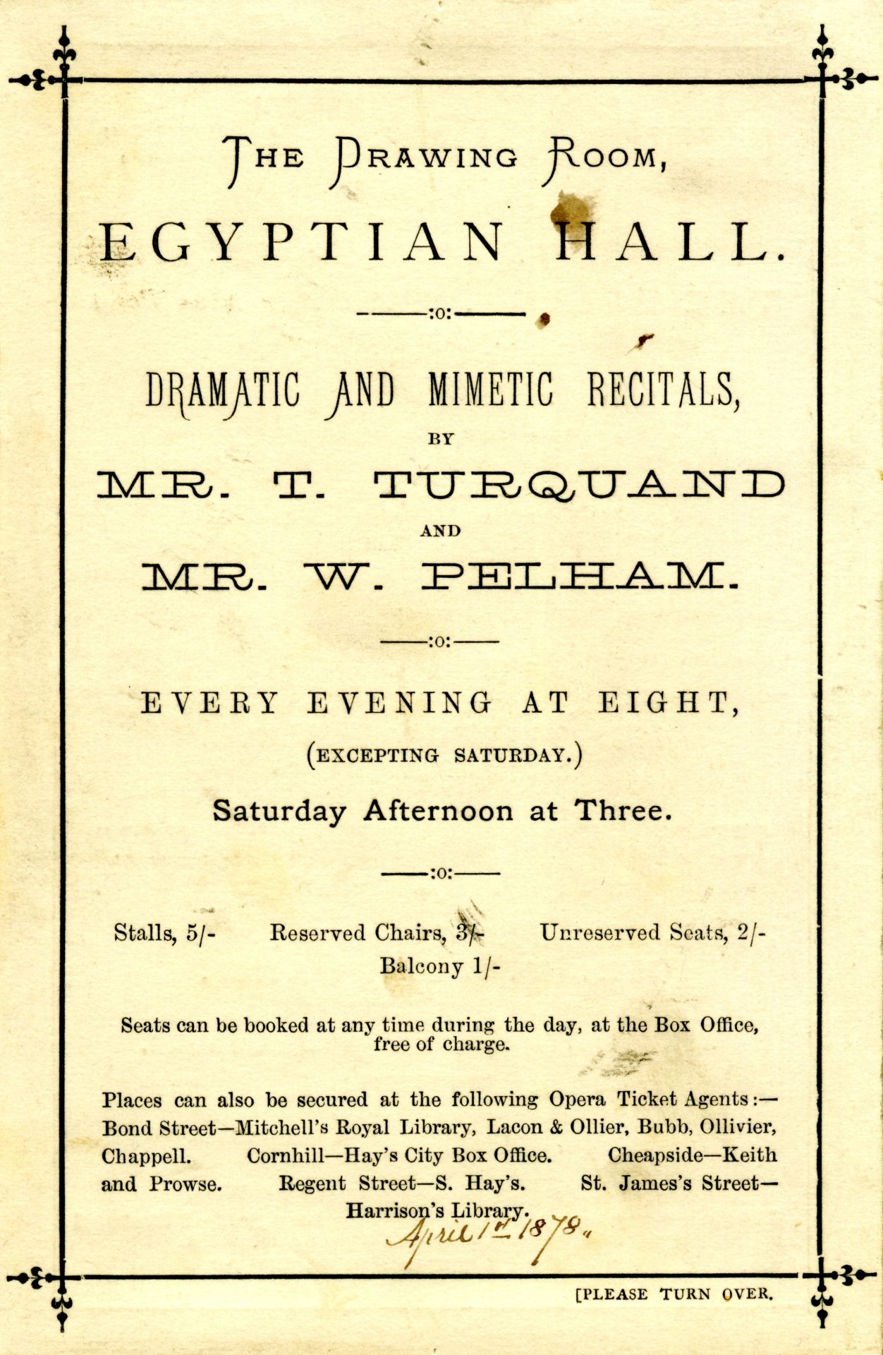 Mr T. Turquand and Mr W. Pelham at the Egyptian Hall, 1878