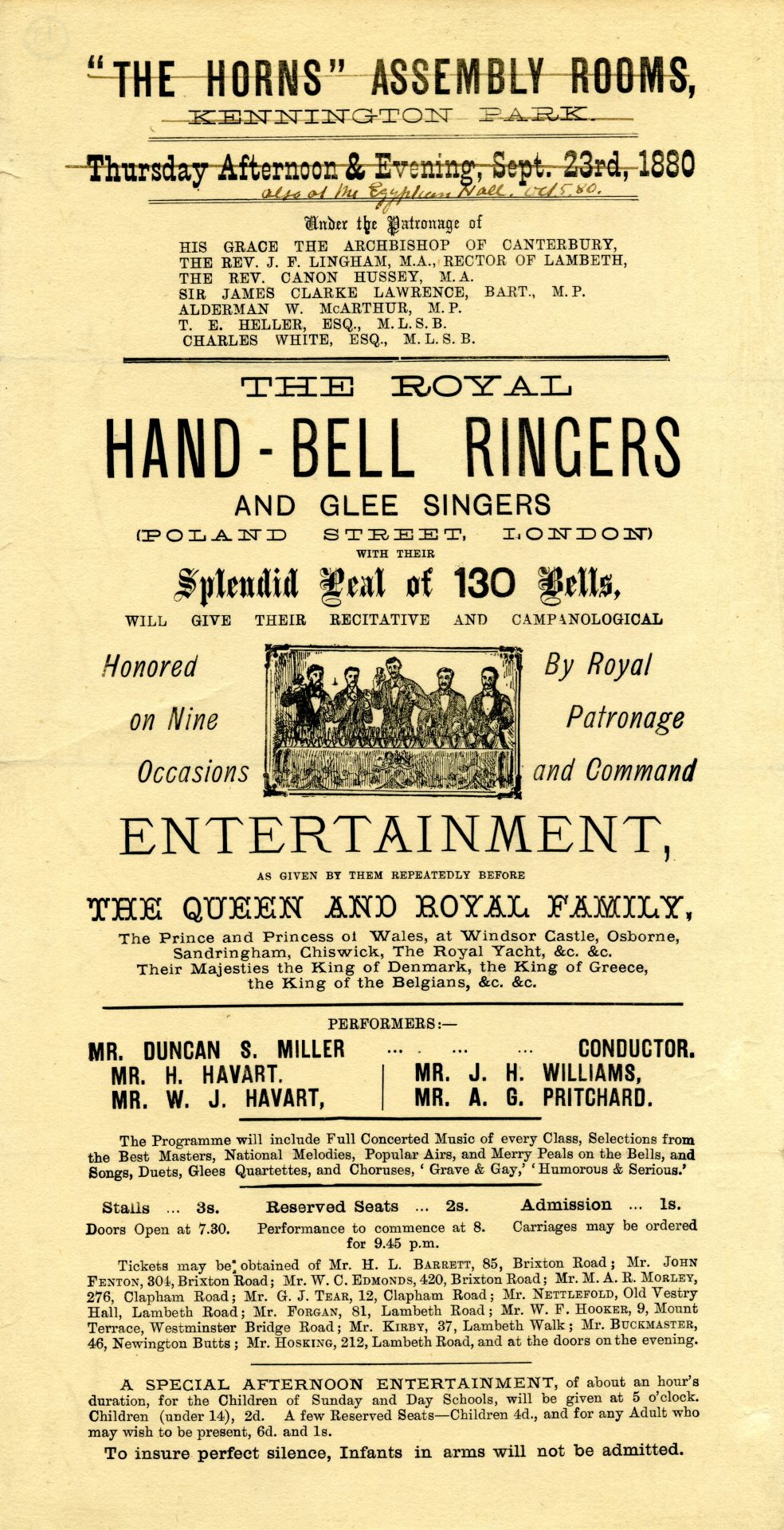 The Royal Hand-Bell Ringers and Glee Singers at the Egyptian Hall, 1880