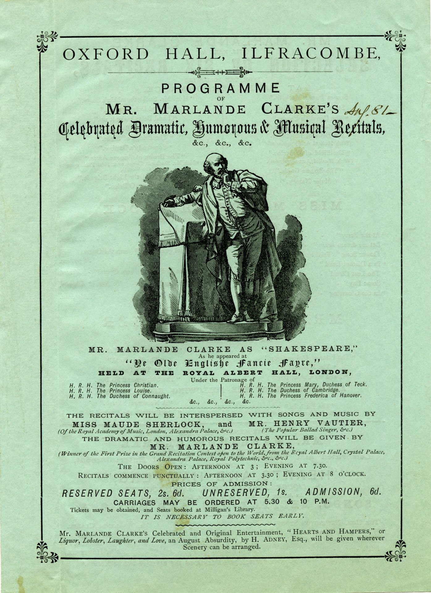 Programme for Mr Marlande Clarke at the Oxford Hall, Ilfracombe, 1881