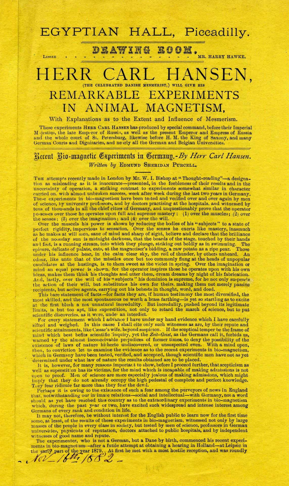 Herr Carl Hansen with experiments in animal magnetism, Egyptian Hall 1882