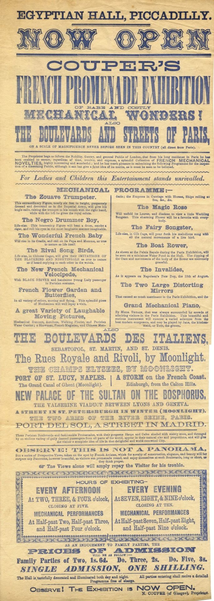 Poster for Couper’s French Promenade Exhibition of Mechanical Wonders at the Egyptian Hall