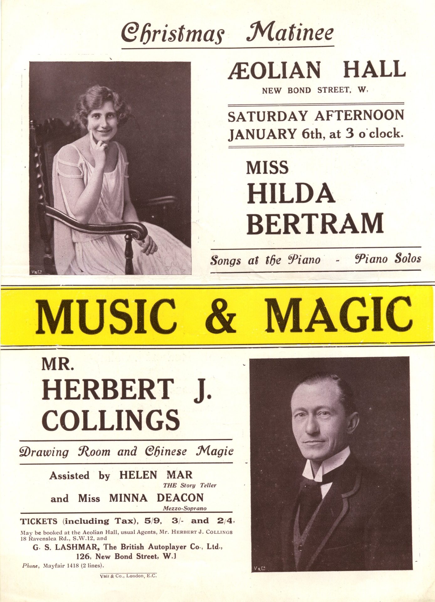 Christmas matinee programme at the ÆOLIAN HALL with Hilda Bertram and Herbert J. Collings