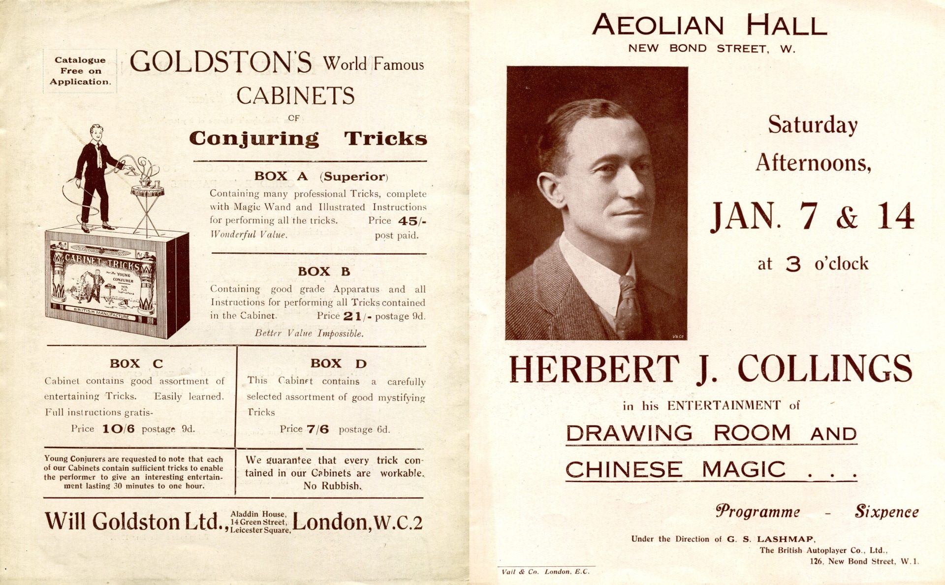 Programme for Herbert J. Collings at the ÆOLIAN HALL with drawing room and Chinese magic
