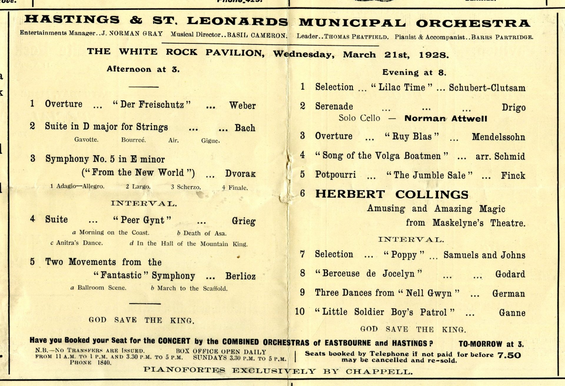 1928 programme for The White Rock Pavilion, Hastings, with Herbert J. Collings