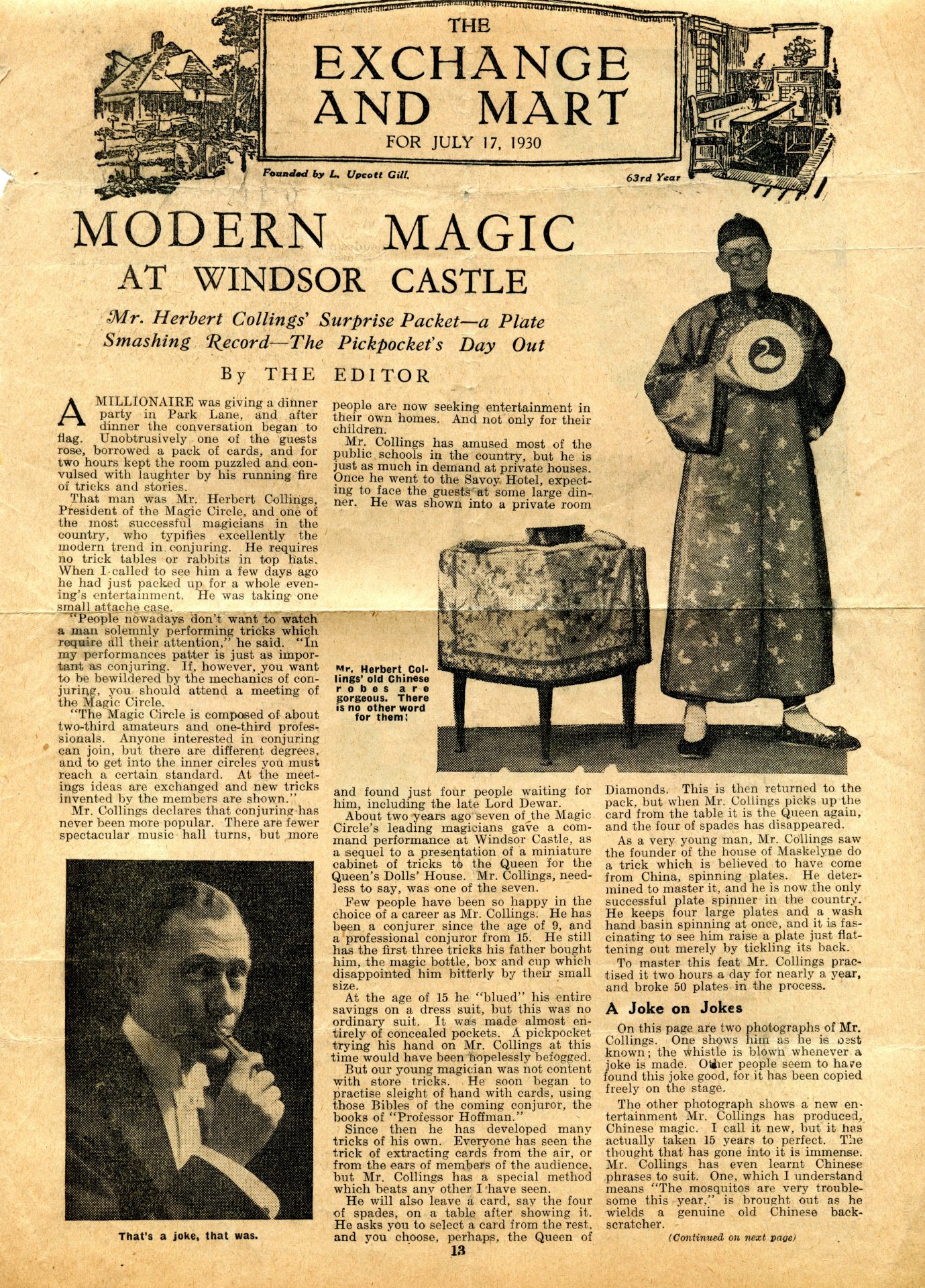 ‘Exchange and Mart’ article about Herbert J. Collings, 1930