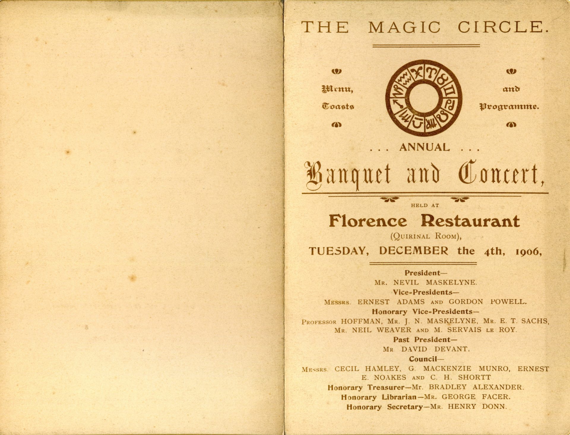 Programme for The Magic Circle Banquet and Concert signed by Herbert J. Collings, 1906
