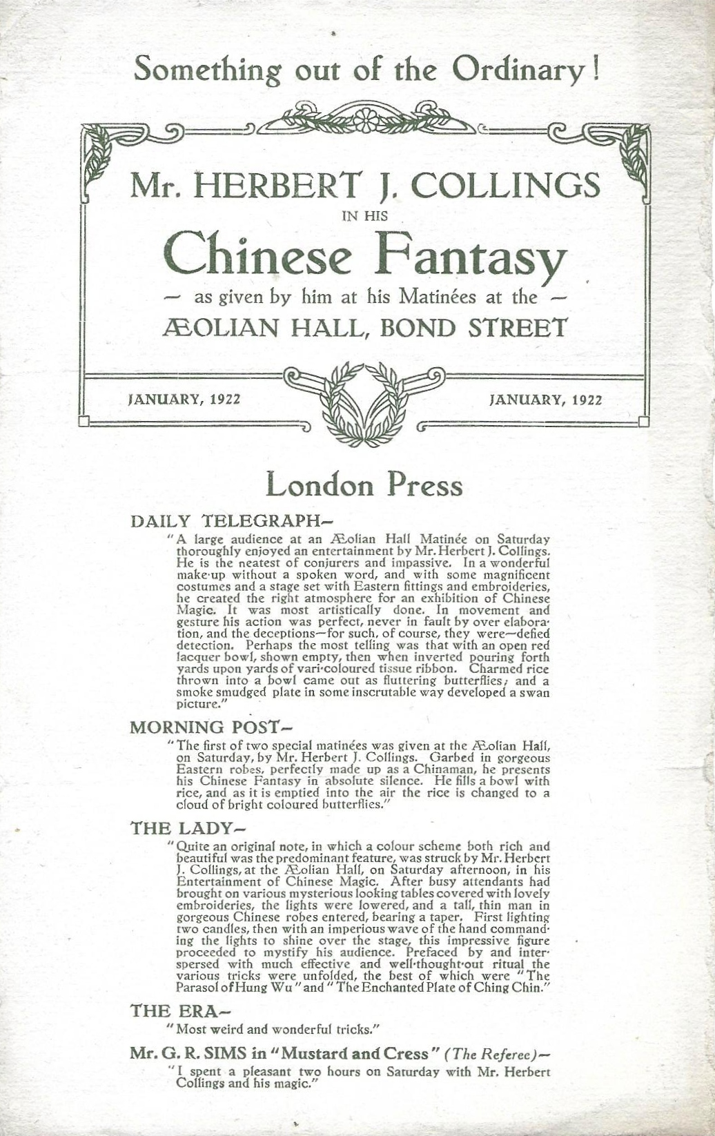 Press releases for Herbert J. Collings in his Chinese Fantasy , 1922