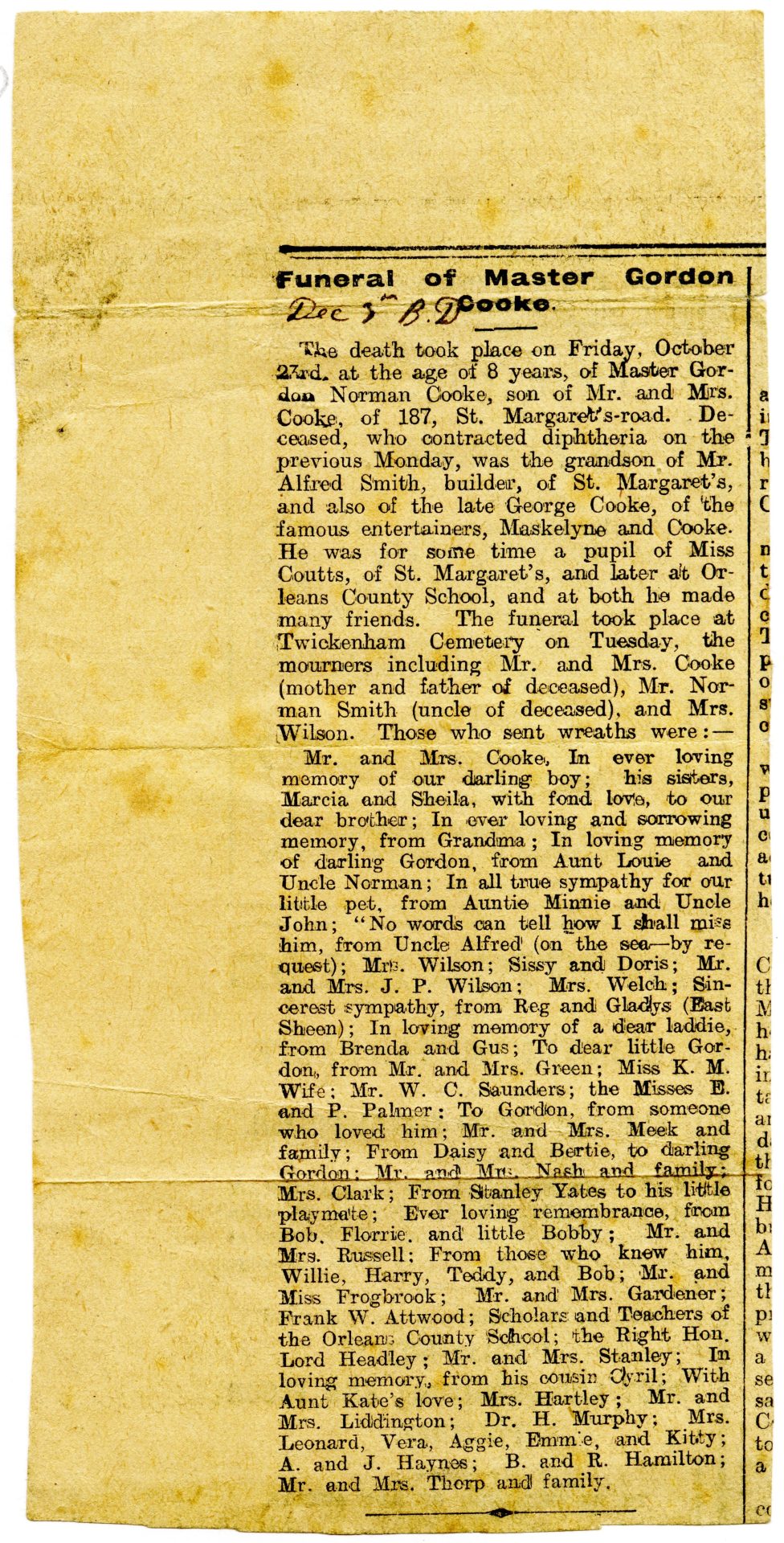 Newspaper report of the death of Master Gordon Cooke, 1914