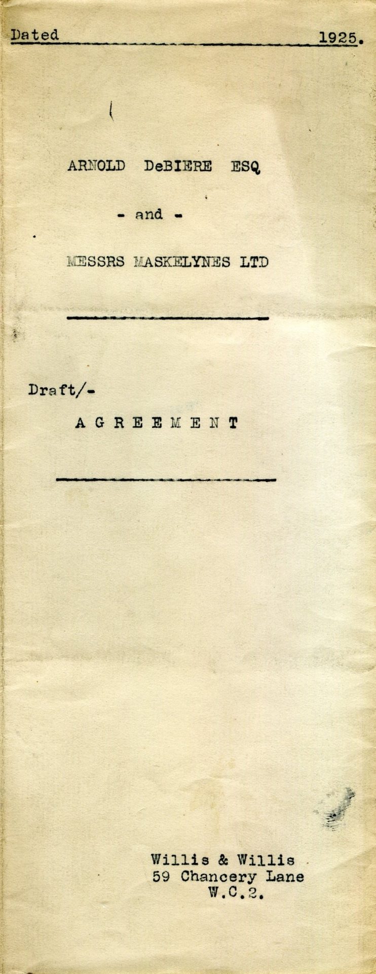 Draft Agreement between De Biere and Maskelynes Ltd, 1925