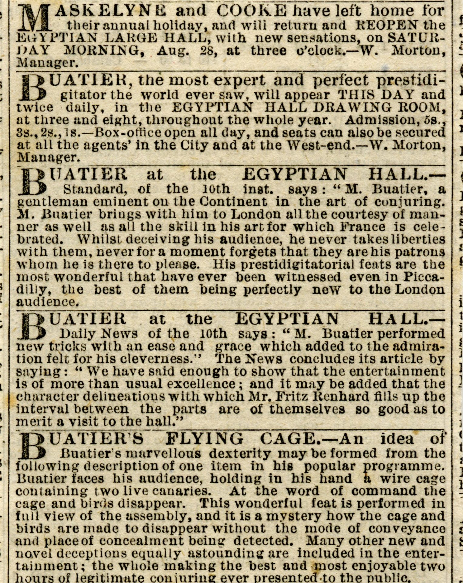 Newspaper advertisements for Buatier De Kolta at the Egyptian Hall, 1875