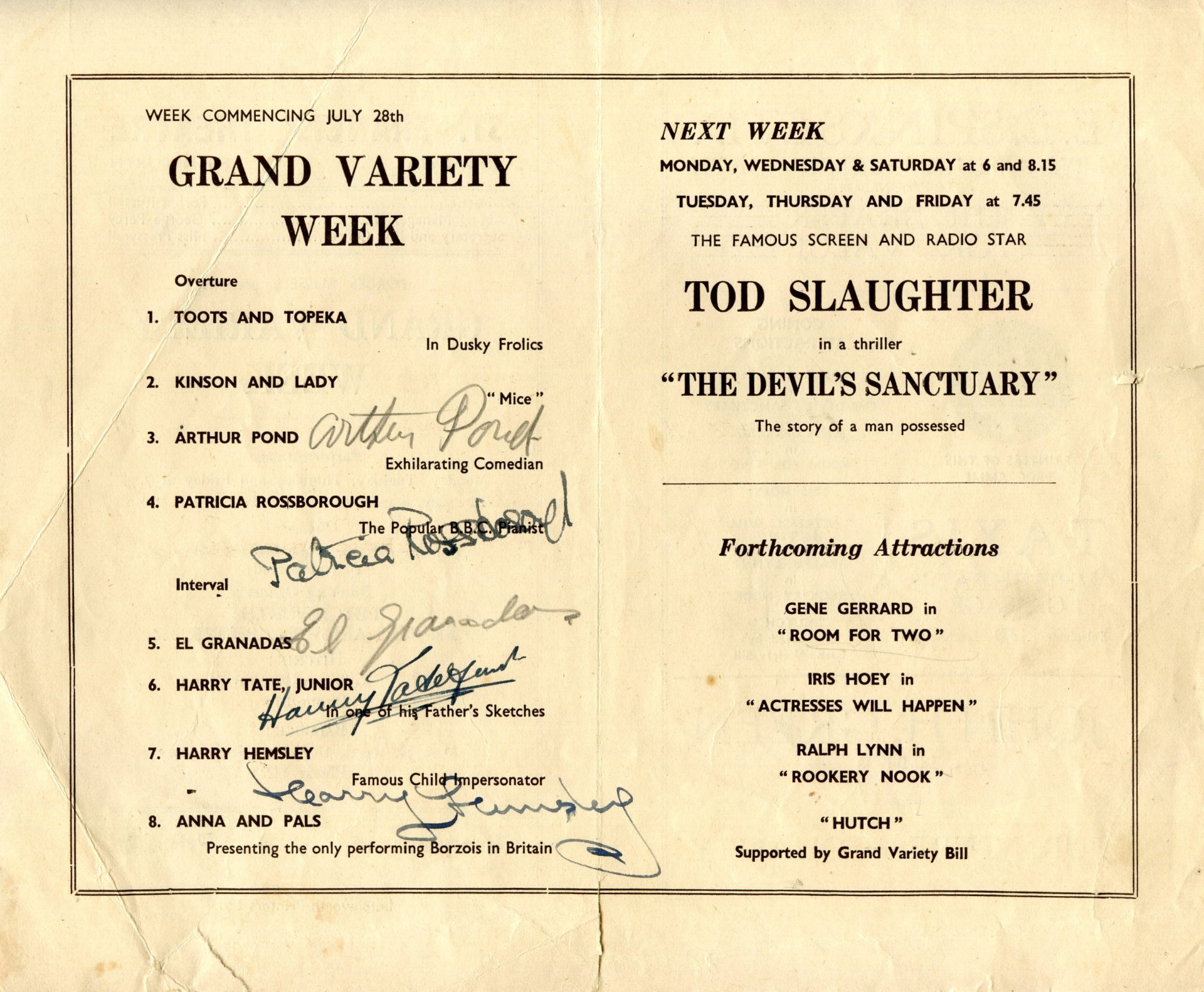 Signed programme for St. Francis’ Theatre, Letchworth, with Harry Hemsley on the bill