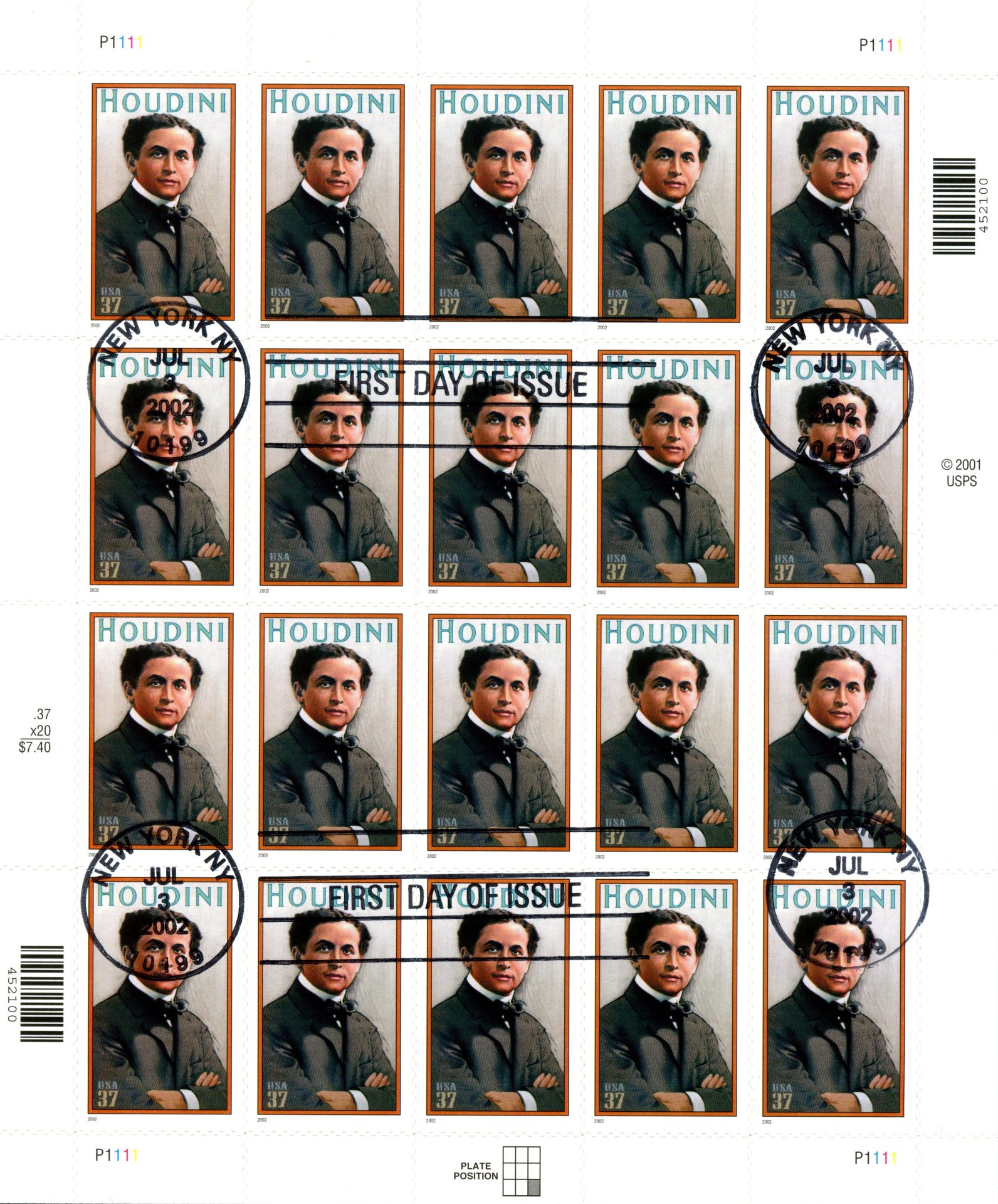 Plate of Houdini stamps, postmarked 3 July 2002