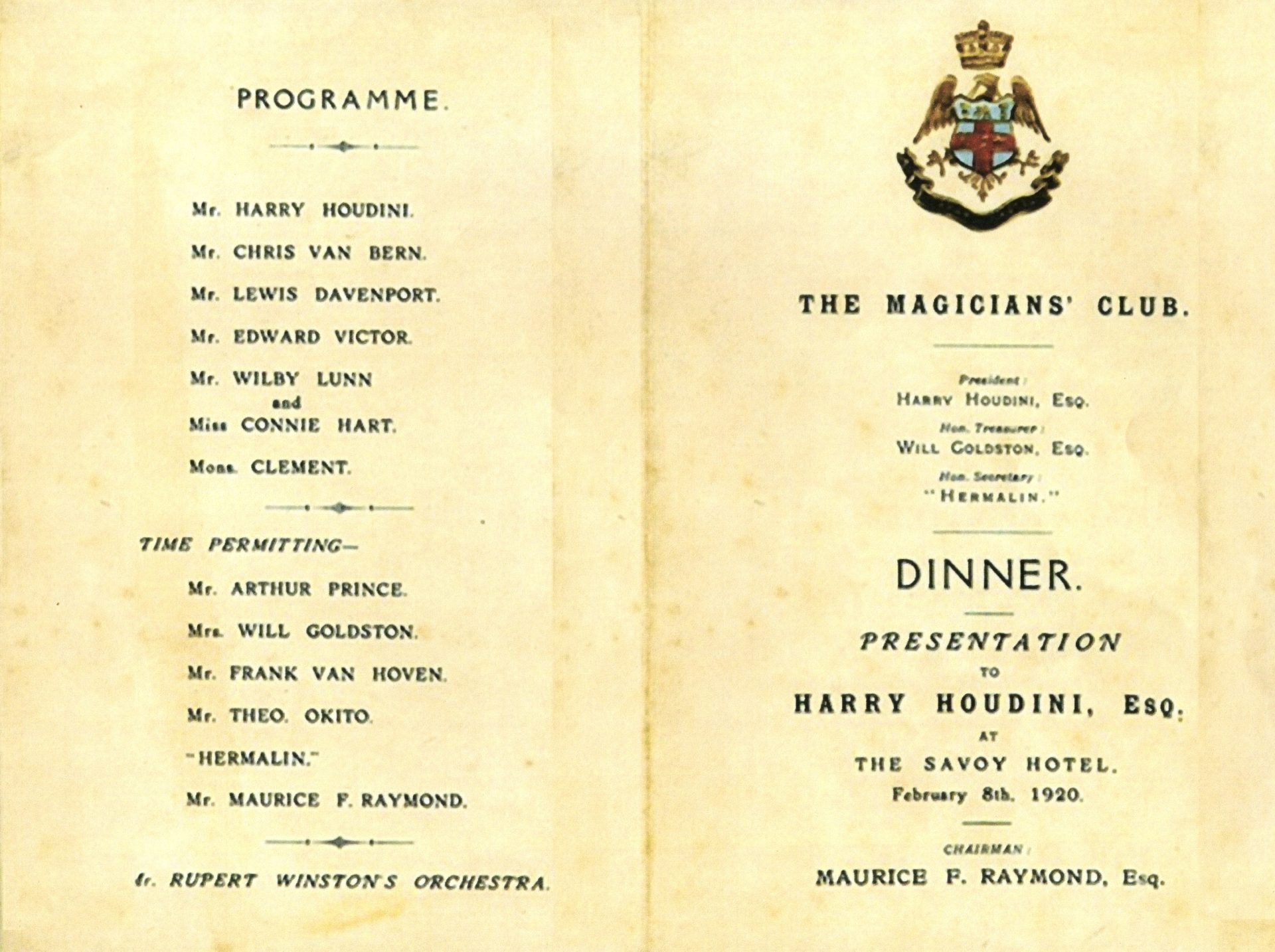 Programme for The Magicians’ Club Dinner including performances by Houdini and Lewis Davenport, 1920