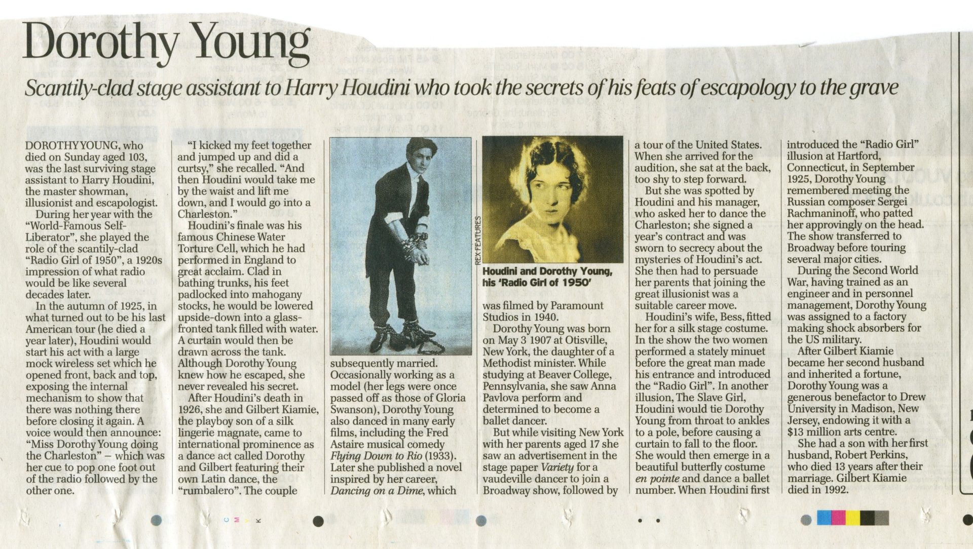 2011 news article about Dorothy Young, a stage assistant to Houdini