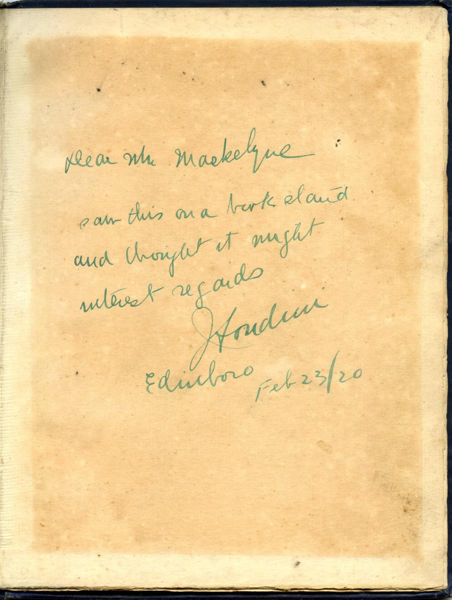Rare book inscribed to Nevil Maskelyne by Houdini in 1920