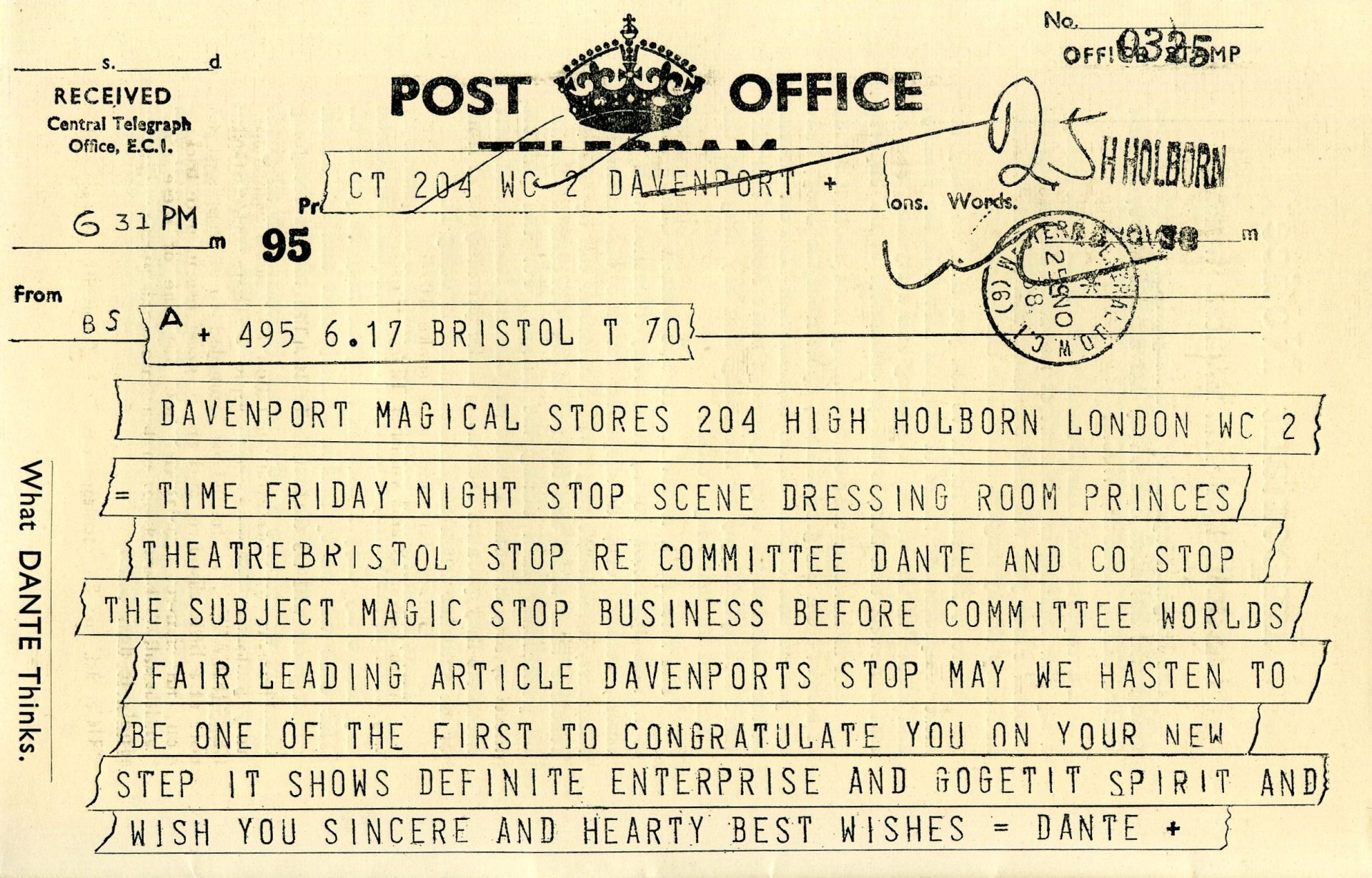 Dante’s telegram congratulating Davenports on their Gogetit spirit, 1938