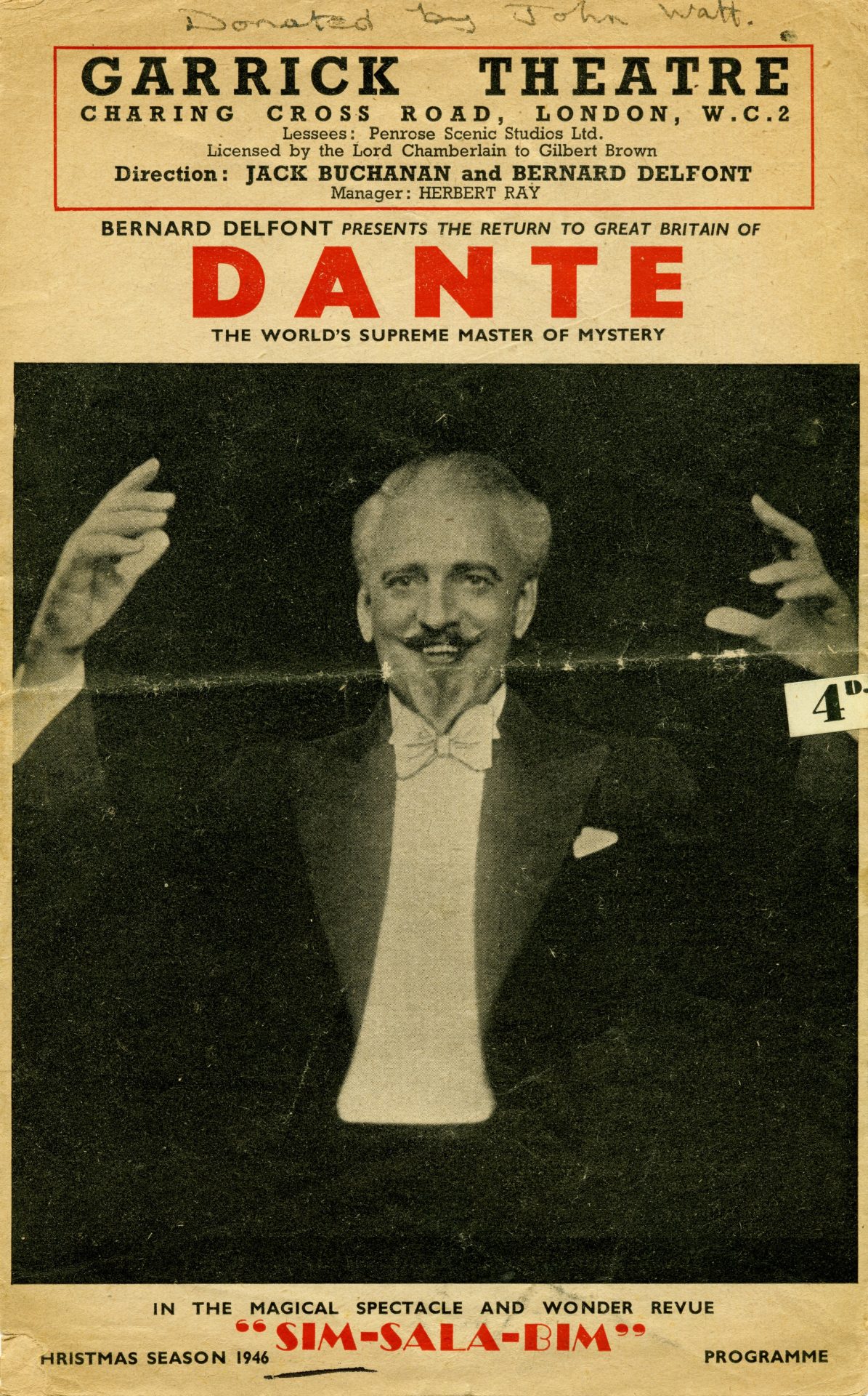Programme for Dante at the Garrick Theatre, London. Christmas Season 1946