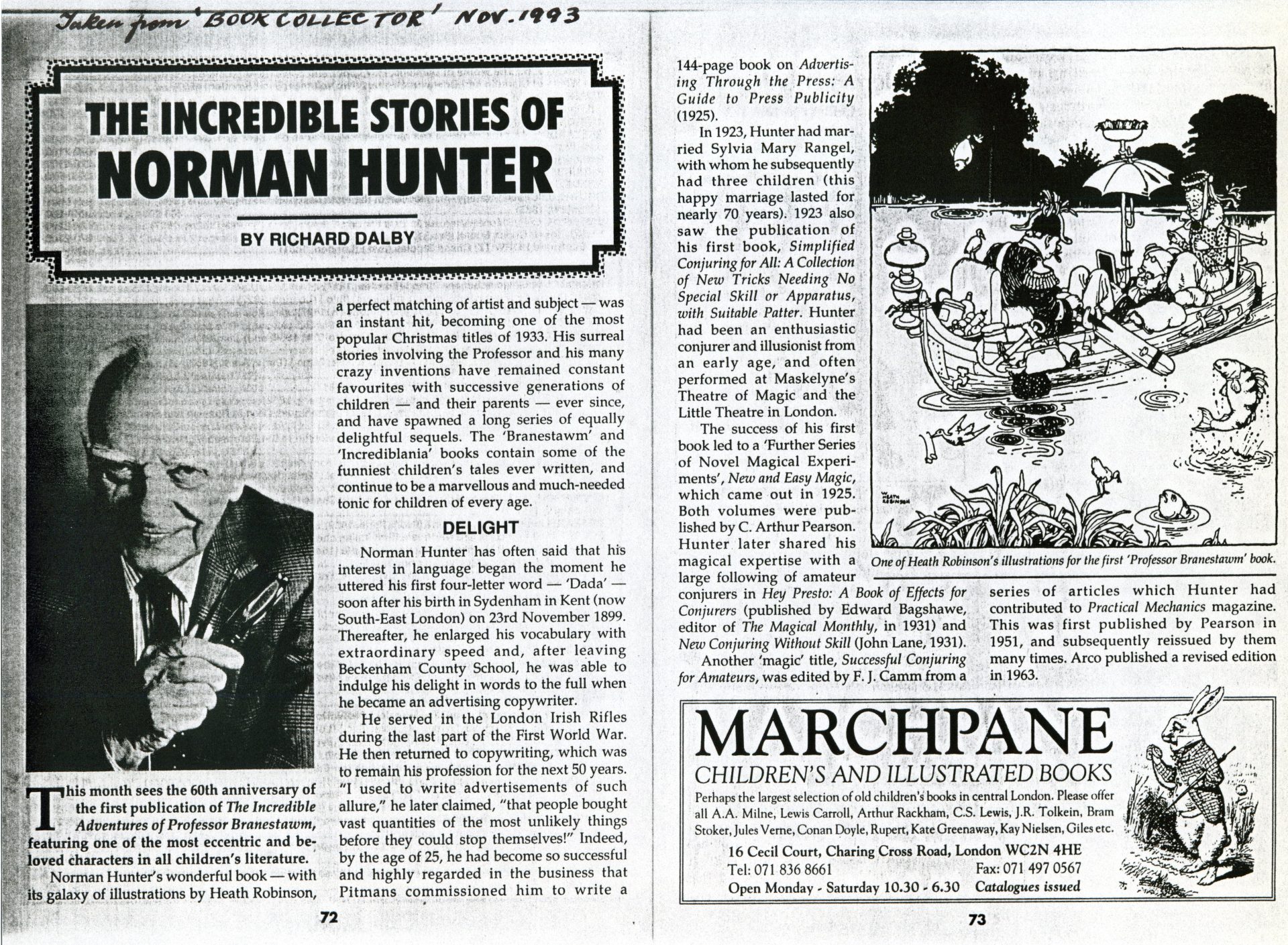 Article about Norman Hunter in ‘Book Collector’, November 1993