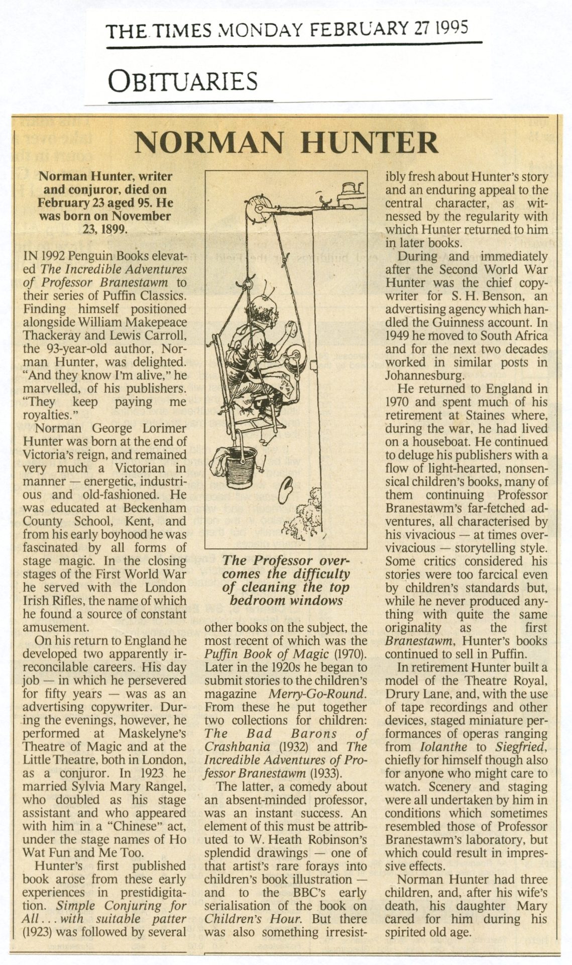 Norman Hunter’s obituary in ‘The Times’, 1995