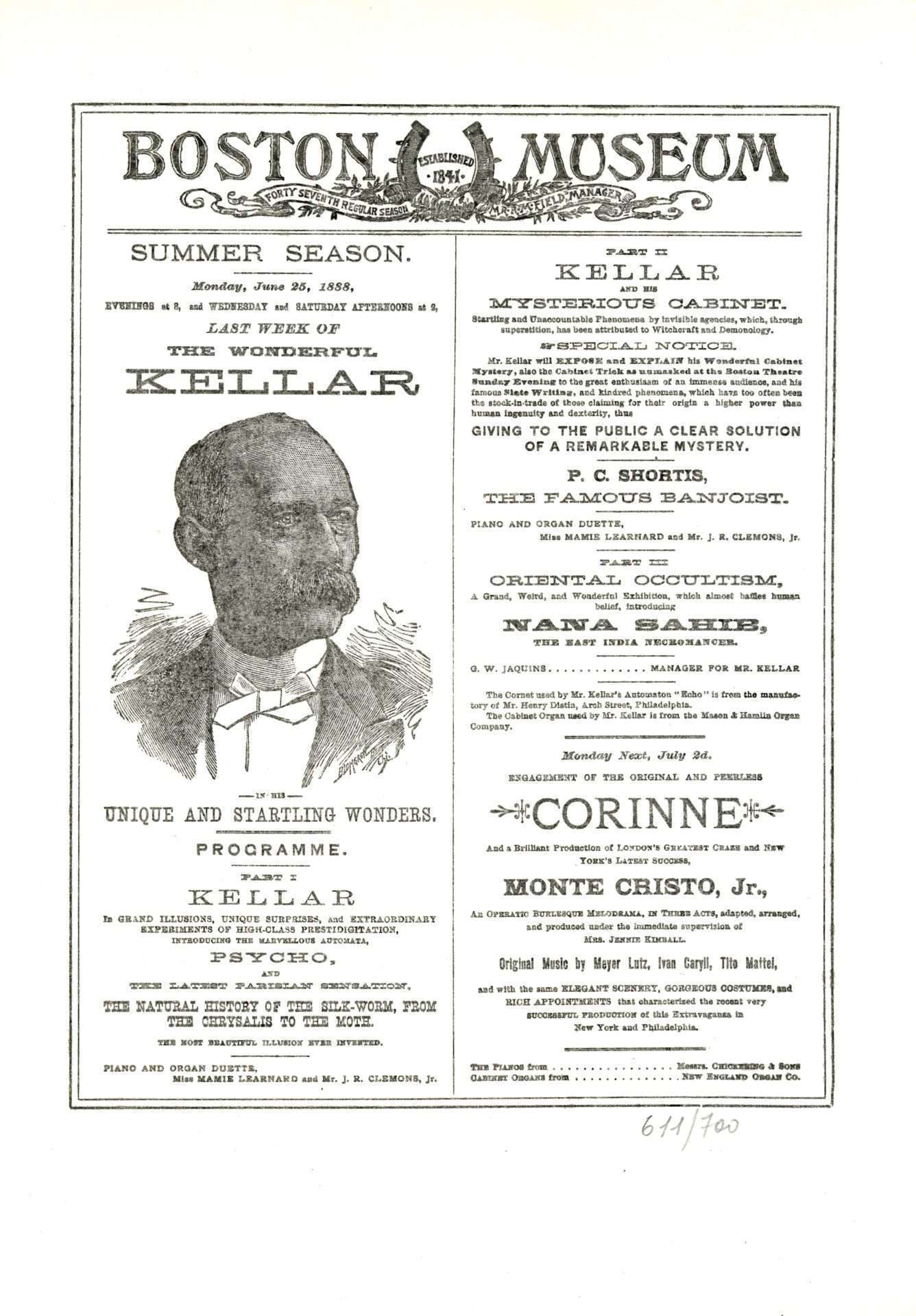 Reproduction programme for Kellar at the Boston Museum Summer Season, 1888