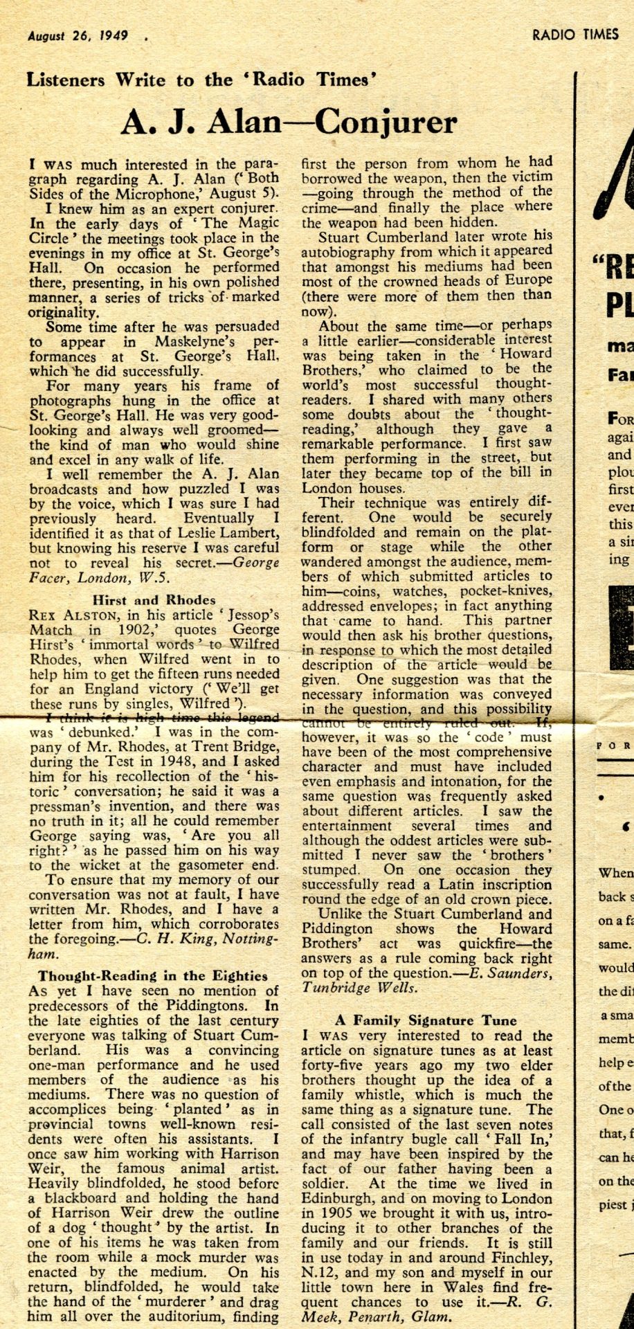 ‘Radio Times’ letters about A.J. Alan (Leslie Lambert) and Thought Reading, 1949