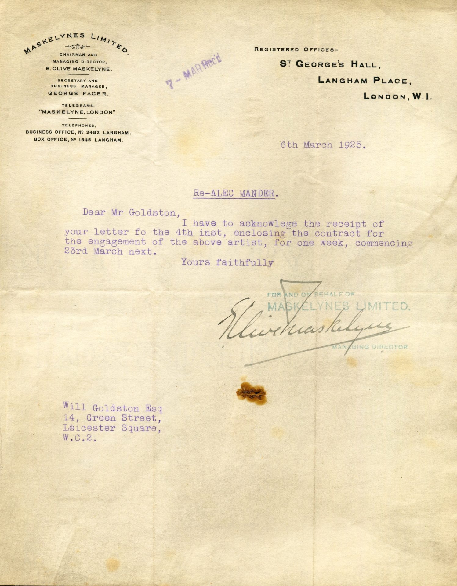 Letter from Maskelynes to Goldston confirming a booking for Alec Mander, 1925