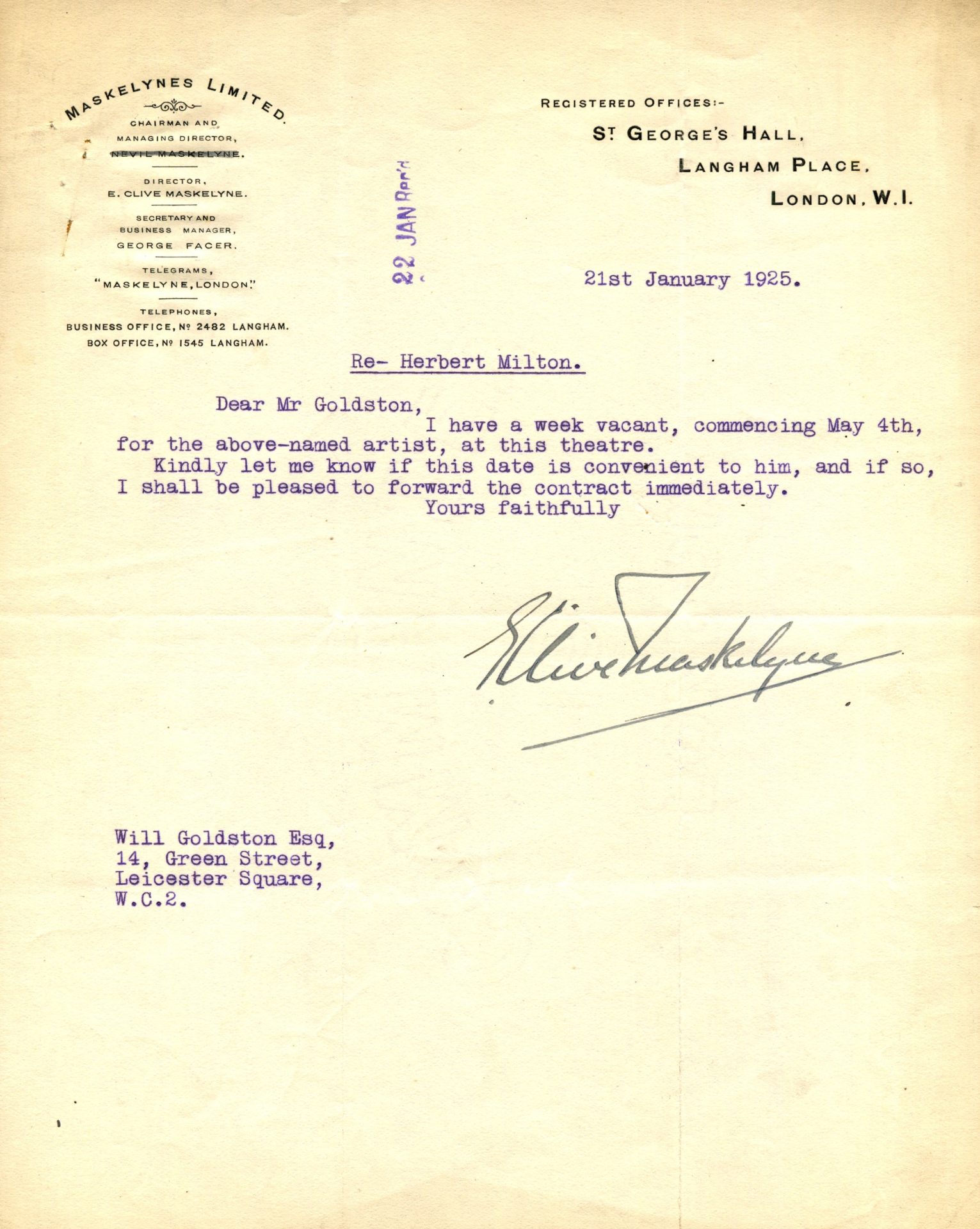 Letter from Maskelynes to Goldston concerning a booking for Herbert Milton, 1925