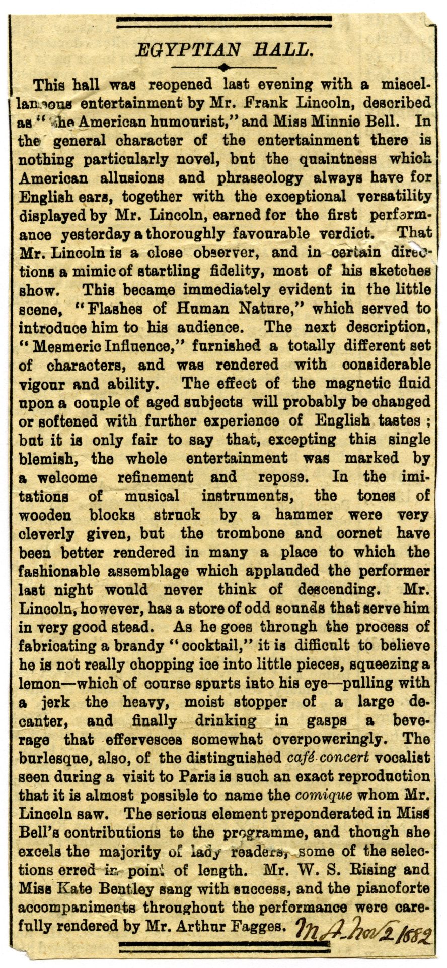 Newspaper review of Frank Lincoln at the Egyptian Hall, 1882