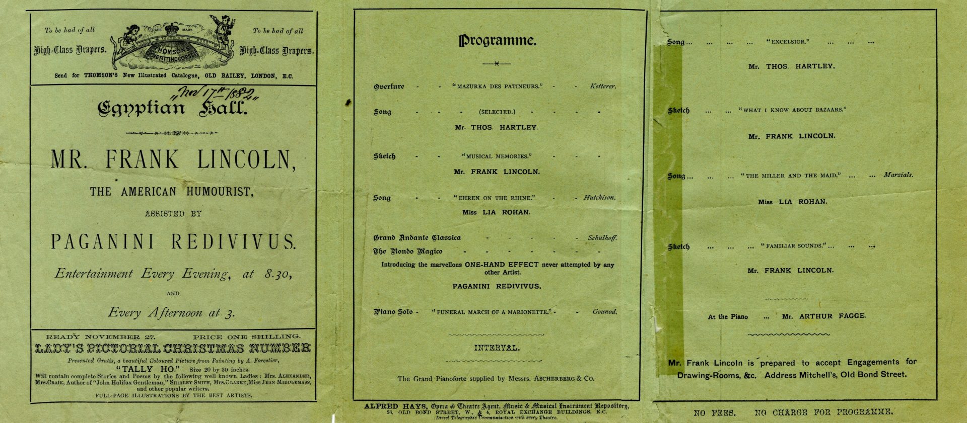 Programme for Mr. Frank Lincoln at the Egyptian Hall, 1882