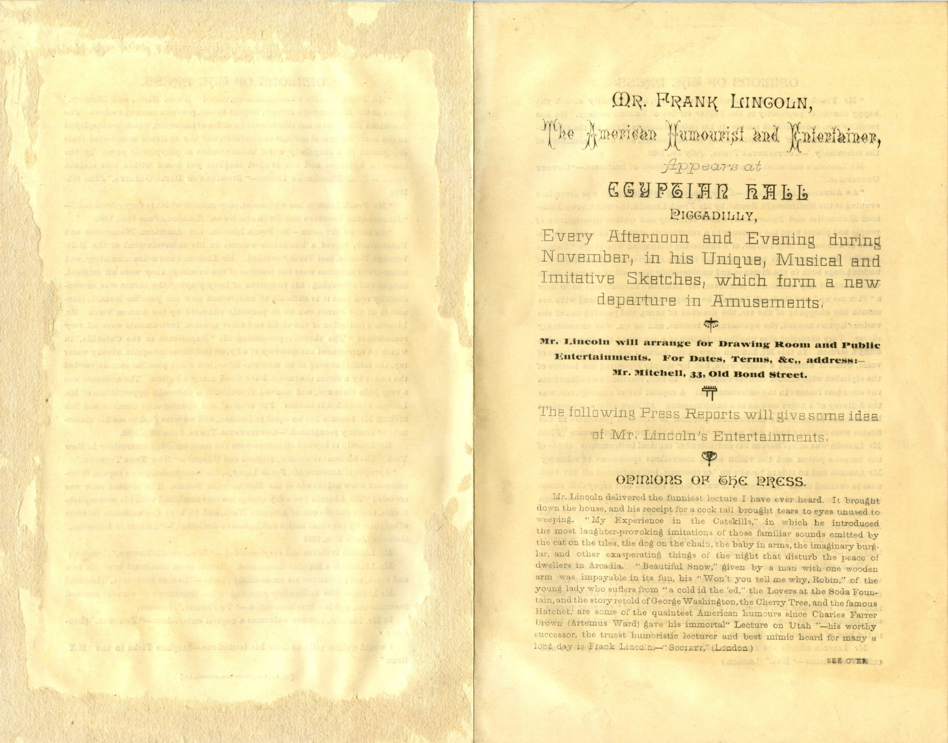 Mr. Frank Lincoln at the Egyptian Hall, 1882. Opinions of the Press